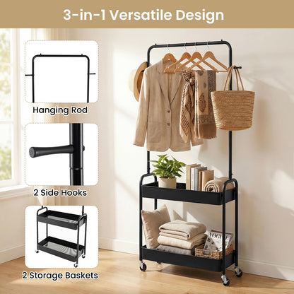 Goflame Heavy-Duty Rolling Clothes Rack with 2 Storage Baskets & Side Hooks