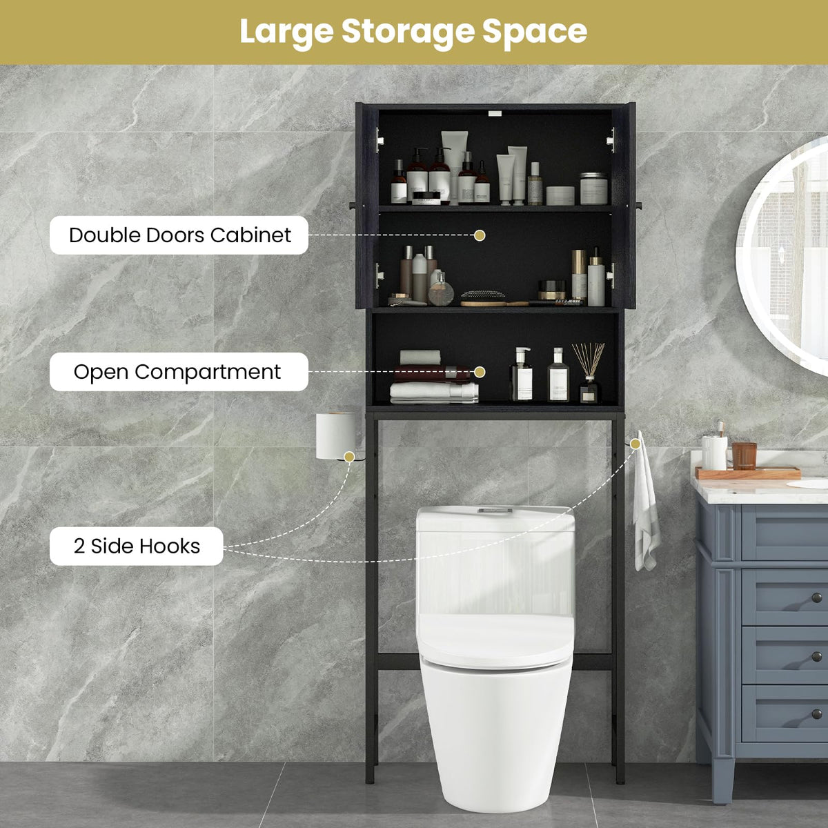 Goflame Over The Toilet Storage Cabinet - Toilet Shelf Rack with Anti-Tip Device