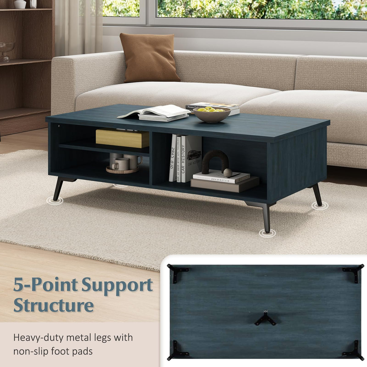 Goflame 2-Tier Mid Century Modern Coffee Table with Storage Shelves Compartments