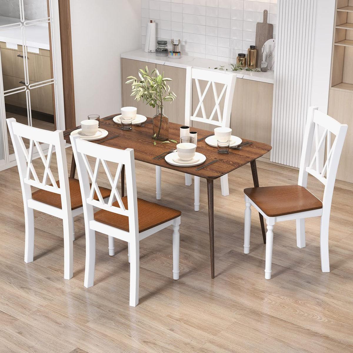 Goflame Dining Room Chairs Set of 4 White - Wooden Farmhouse Kitchen Chairs with Rubber Wood Seat