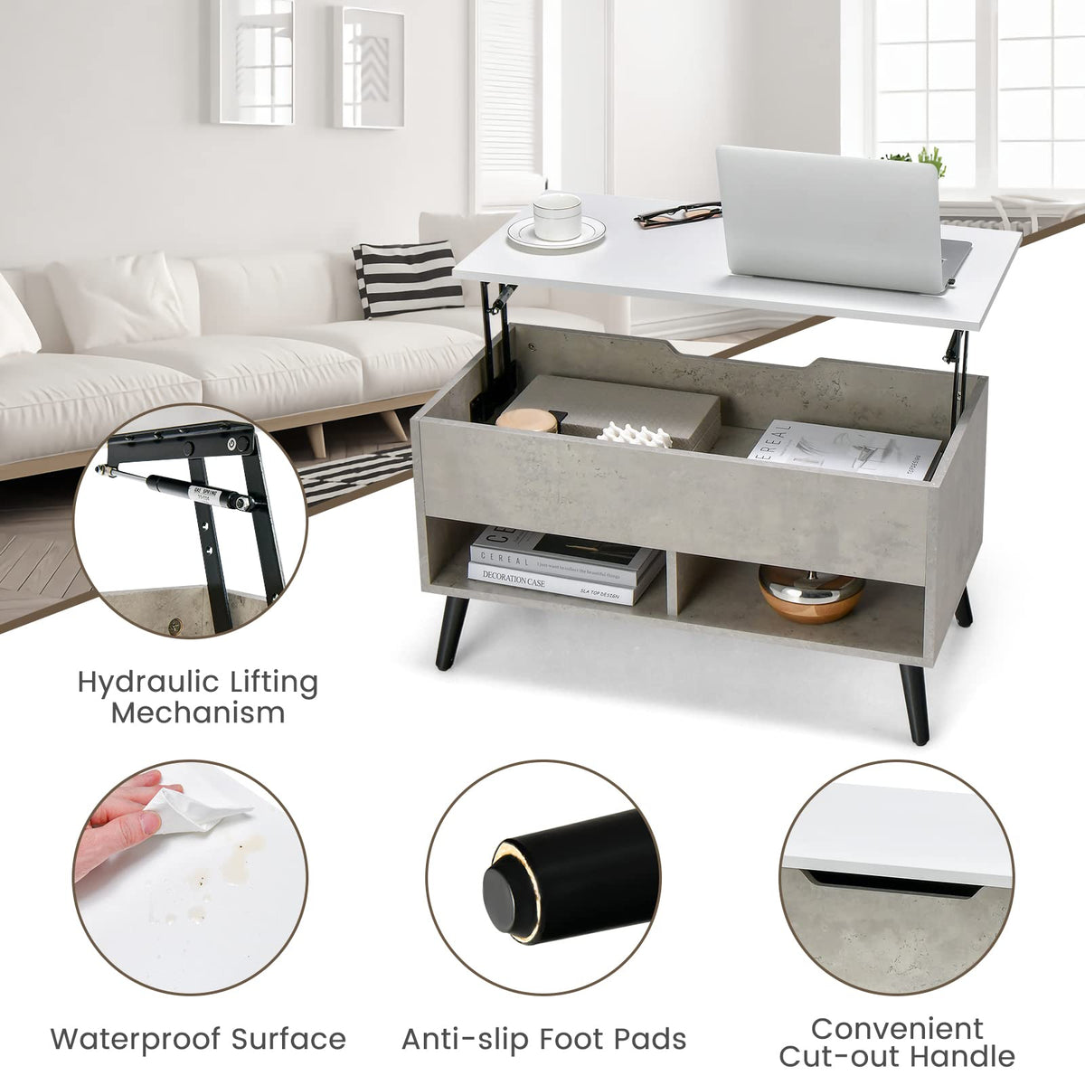 Goflame Lift Top Coffee Table, Modern Cocktail Table w/Hidden Compartment & 2 Open Shelves