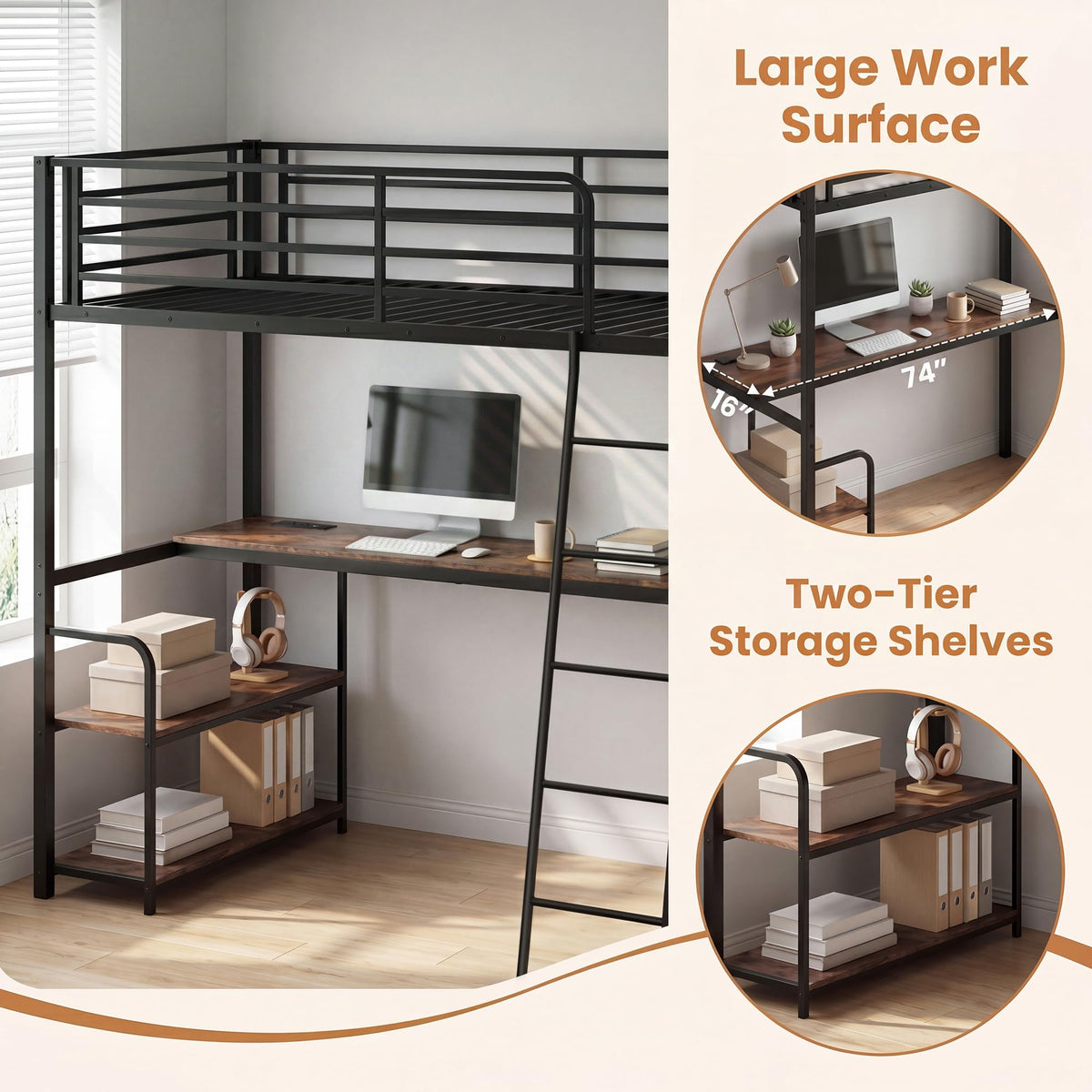 Goflame Twin Loft Bed with Desk & Charging Station