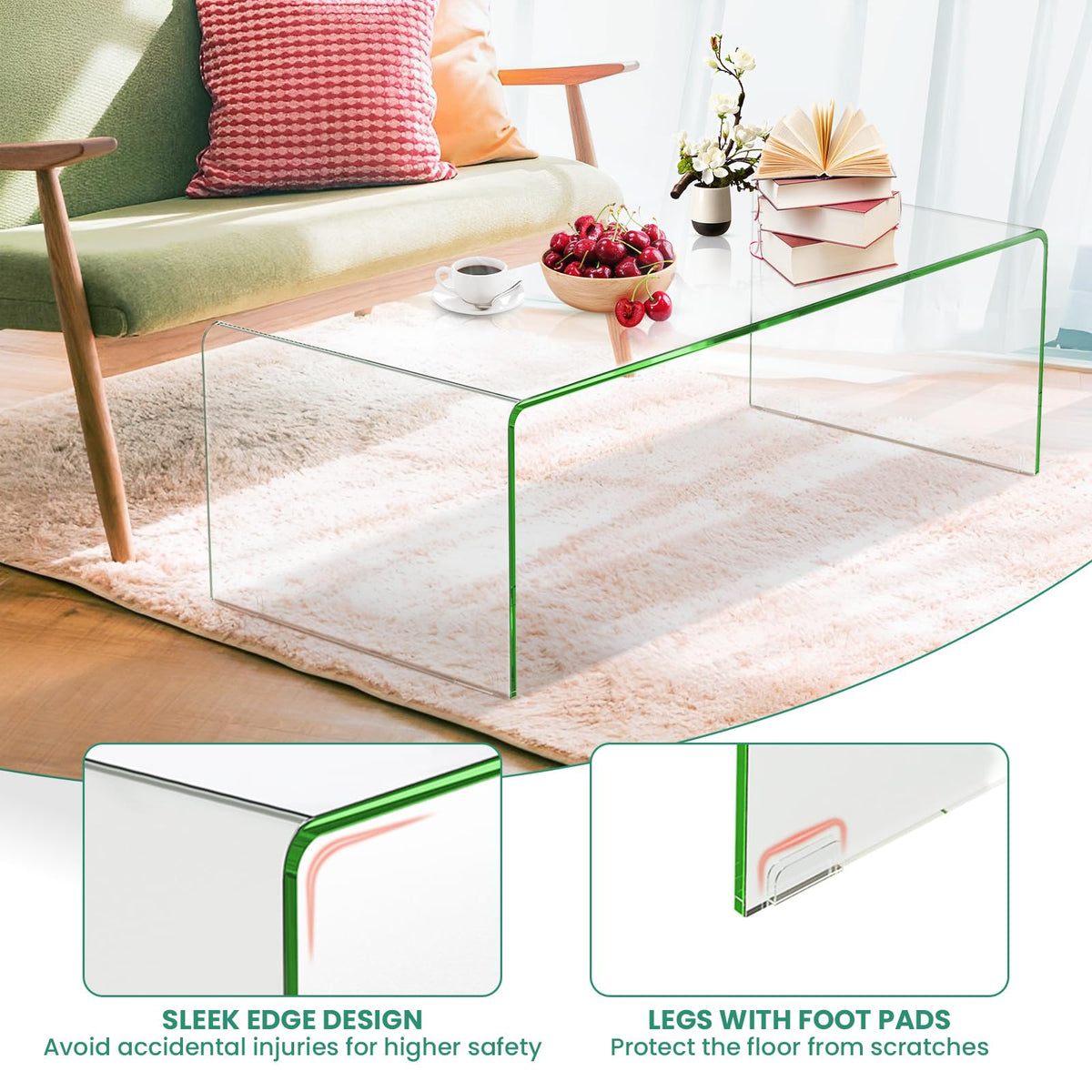 Goflame 42 x 19.7 Inch Clear Tempered Glass Coffee Table with Rounded Edges