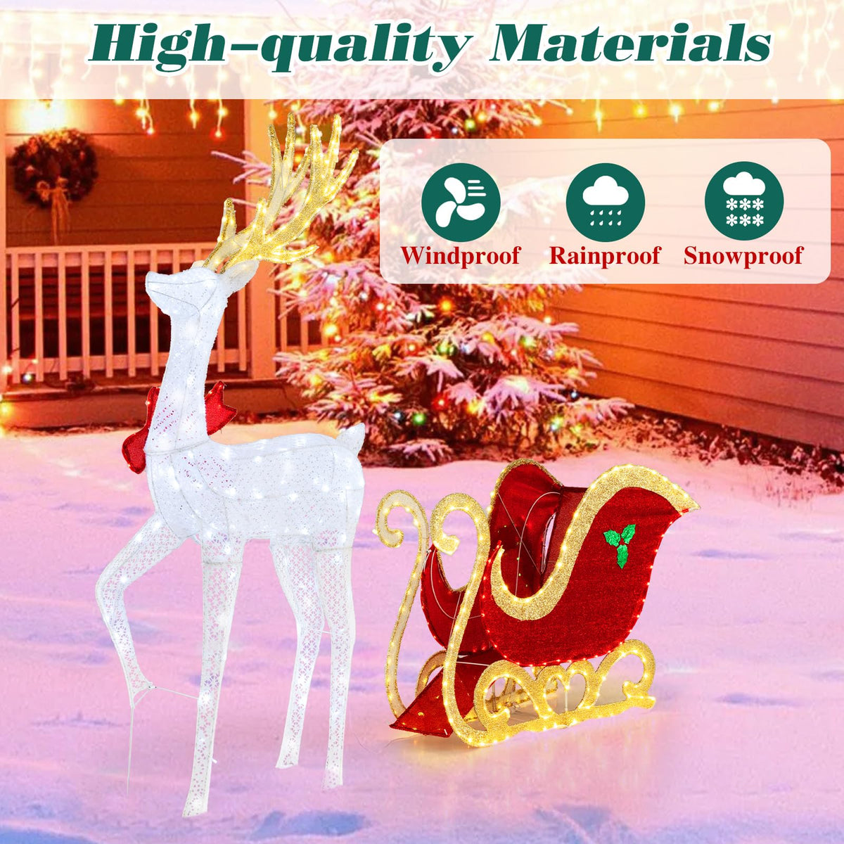 Goflame Lighted Christmas Reindeer & Sleigh Set, Light-up Xmas Decorations with 462 LED Lights