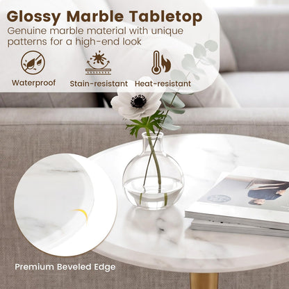 Goflame Round Marble Side Table w/Stone Finish & Wooden Pedestal (1/2)