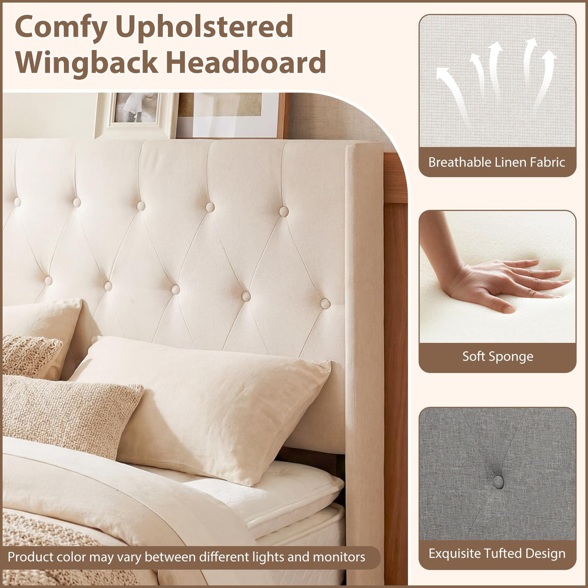 Goflame Modern Linen Upholstered Platform w/Button Tufted Wingback Headboard & Hydraulic Support