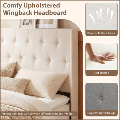 Goflame Modern Linen Upholstered Platform w/Button Tufted Wingback Headboard & Hydraulic Support