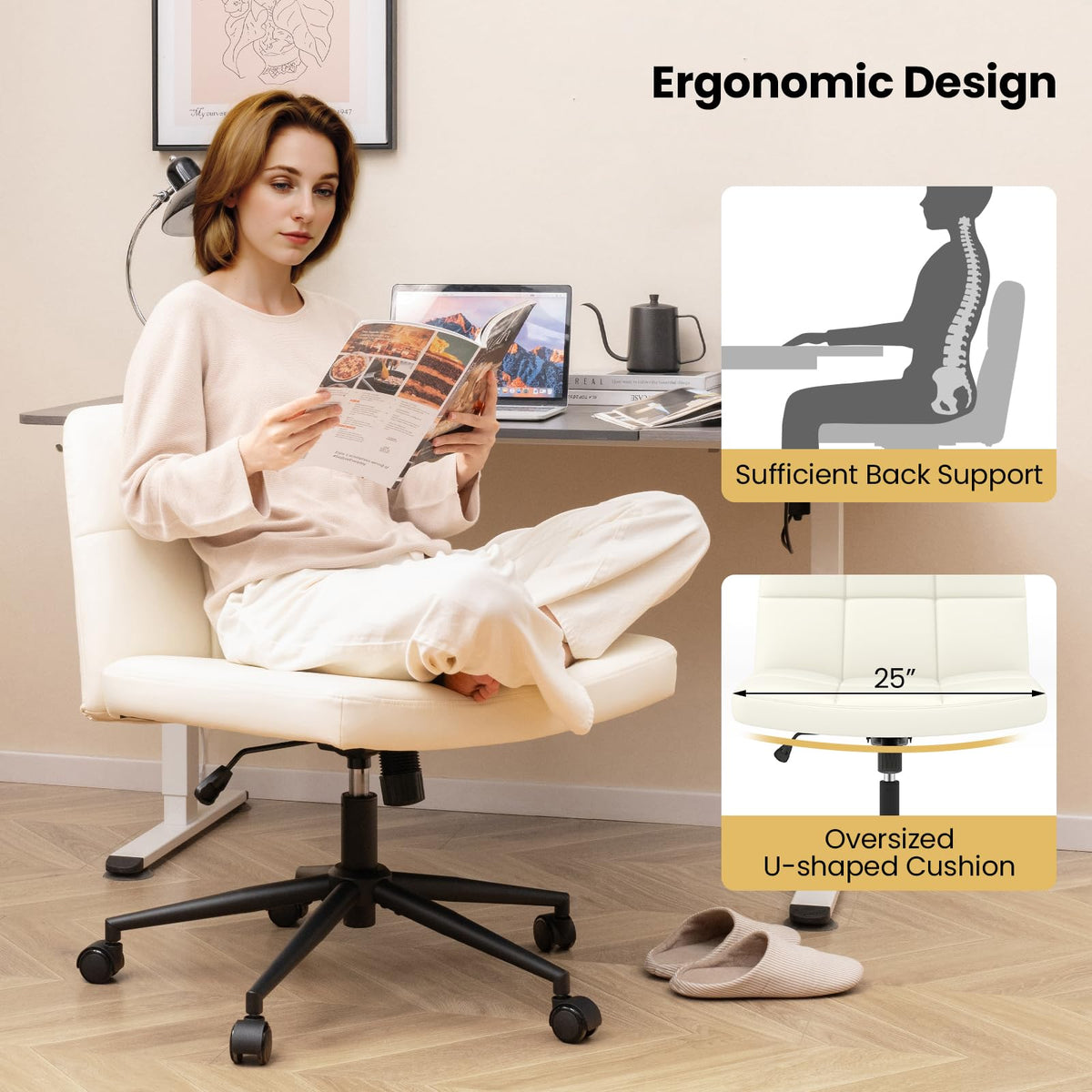 Goflame Criss Cross Chair with Wheels, PU Leather Cross Legged Office Chair, Height-adjustable Swivel Vanity Chair
