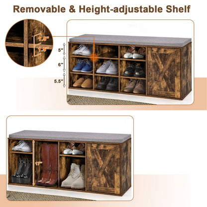 Goflame Shoe Bench, 3 Tier 9 Cubes Storage Bench with Adjustable Shelves (Rustic Brown)