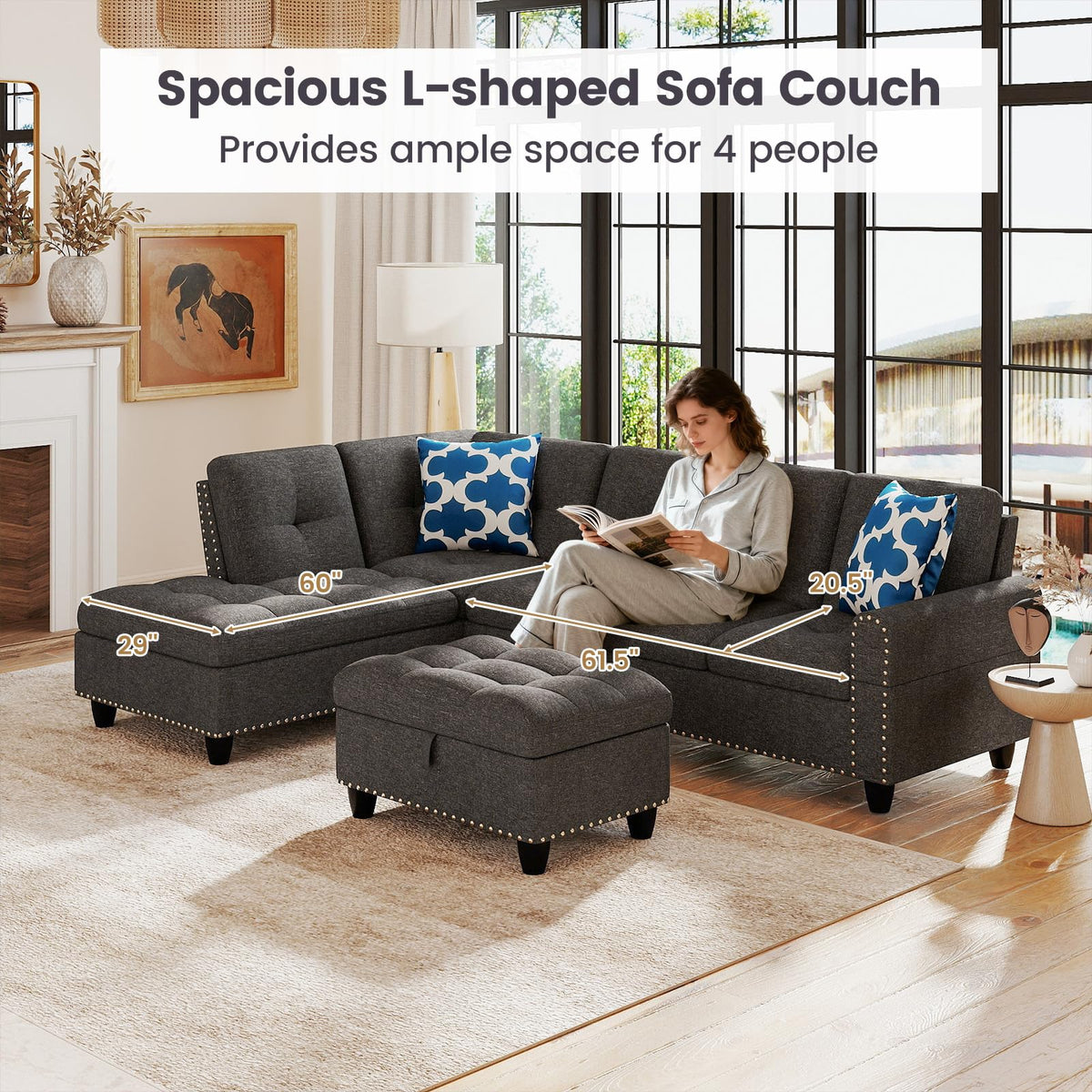 Goflame 98 Inches Sectional Sofa Couch with Movable Storage Ottoman and Linen Fabric Backs
