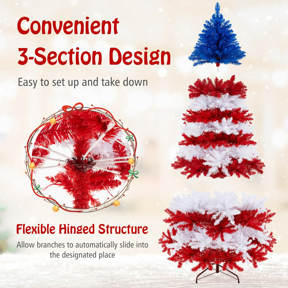Goflame 7.5 FT Pre-Lit Patriotic Artificial Christmas Tree, Flag-Themed Hinged Xmas Tree with 480 Warm White LED Lights