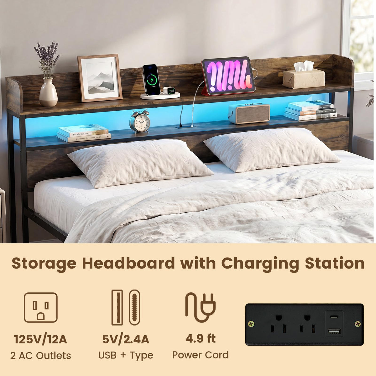 Goflame King Size Bed Frame with Storage Headboard