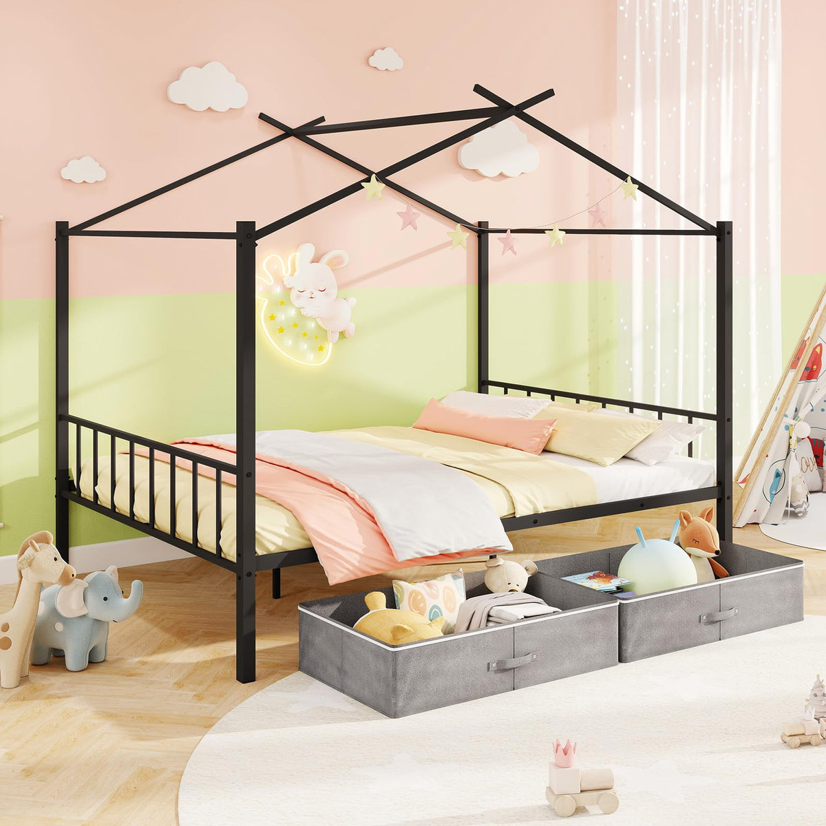 Goflame Full Size House Bed with 2 Storage Drawers