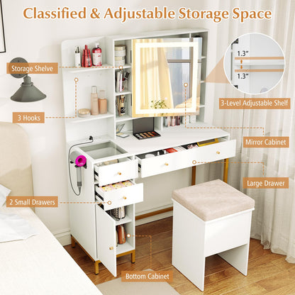Makeup Vanity Set with Mirror and Lights, White Makeup Desk and Chair Set with Charging Station