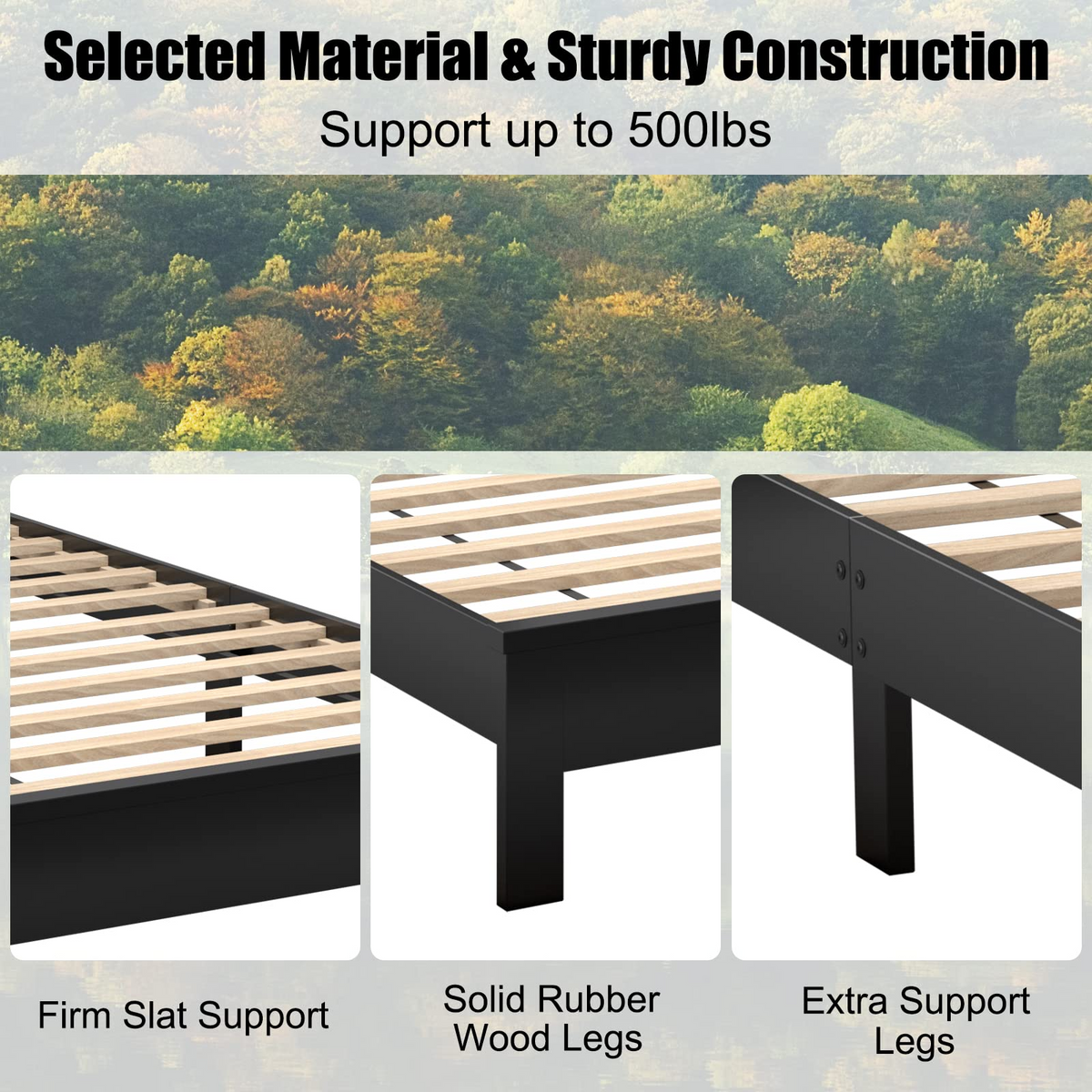 Queen/Full/Twin Size Platform Bed w/ Rubber Wood Legs & Integrated Headboard | Wooden Bed Frame
