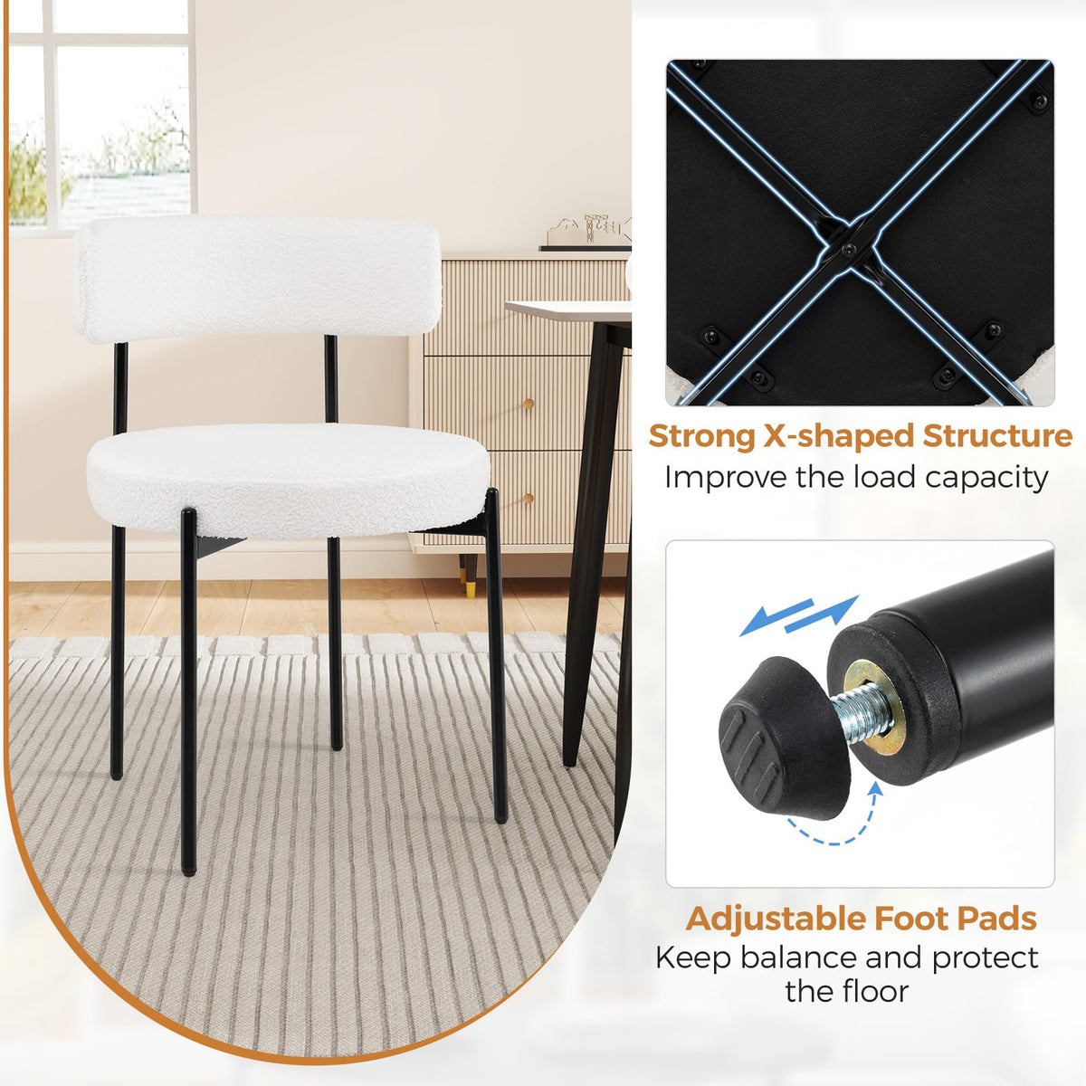 Goflame Sherpa Dining Chairs Set of 4, Upholstered Round Kitchen Chairs with Curved Backrest & Metal Legs