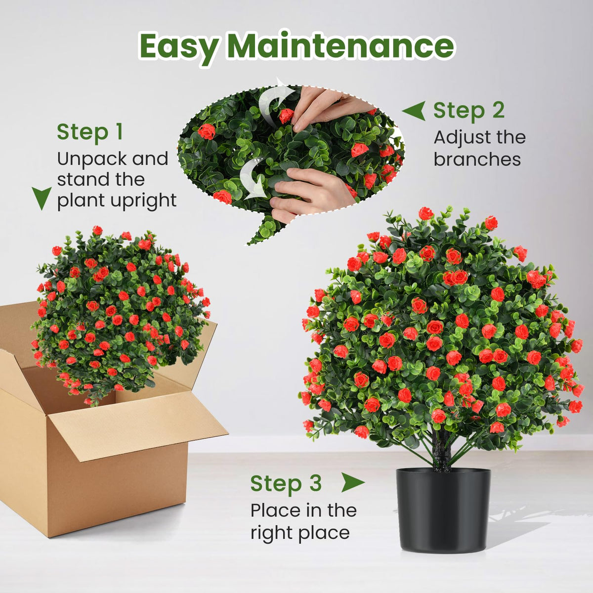 GOFLAME 21.5” Artificial Rose Topiary Ball Tree Set of 2