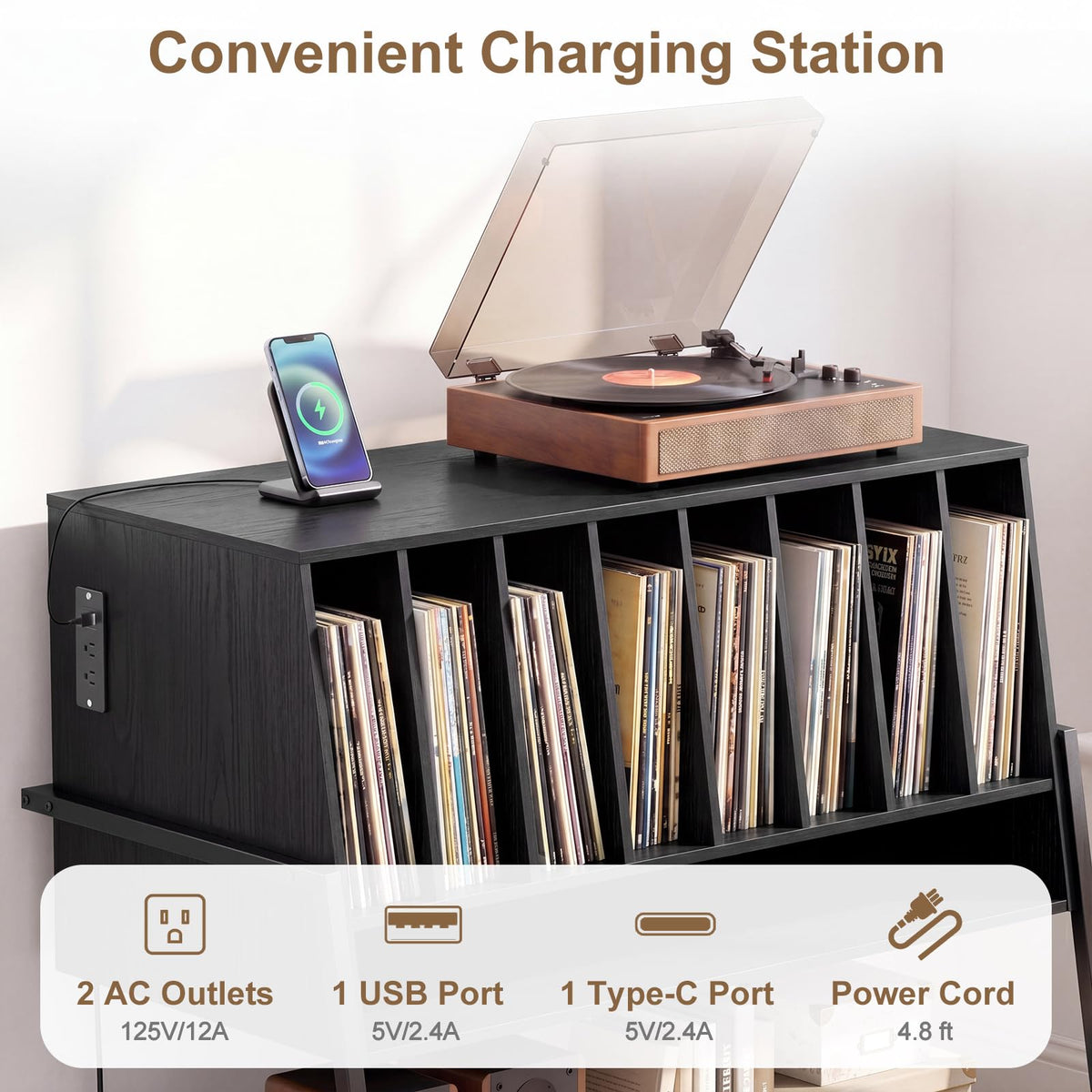 Goflame large Record Player Stand with Charging Station