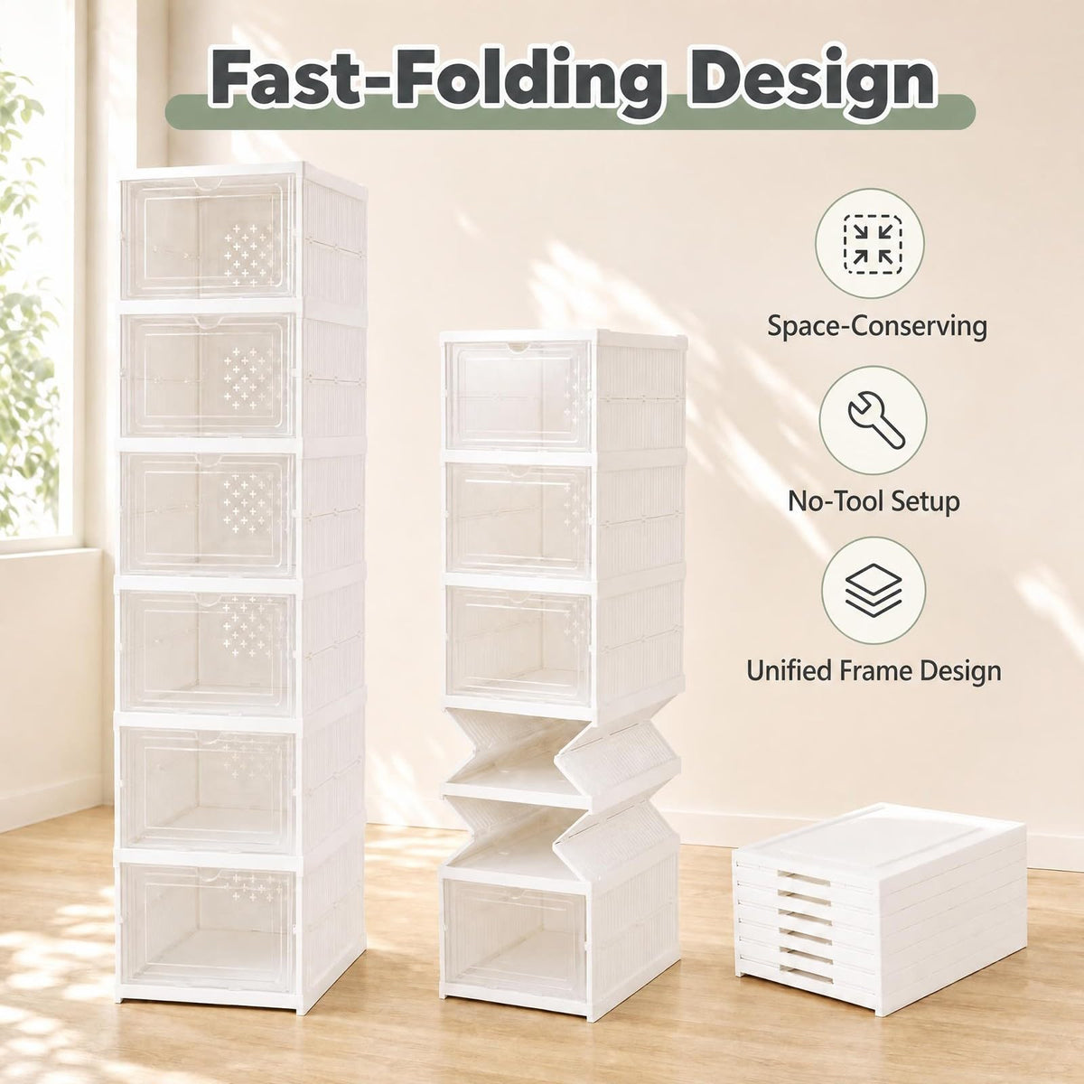GOFLAME 6-Tier Foldable Shoe Storage Box| Stackable Space-Saving Shoe Rack Organizer Set of 2