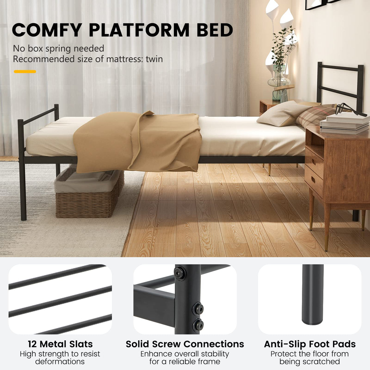 Goflame Twin Size Metal Bed Frame with Headboard & Footboard, 13.5 Inch Platform Bed Frame