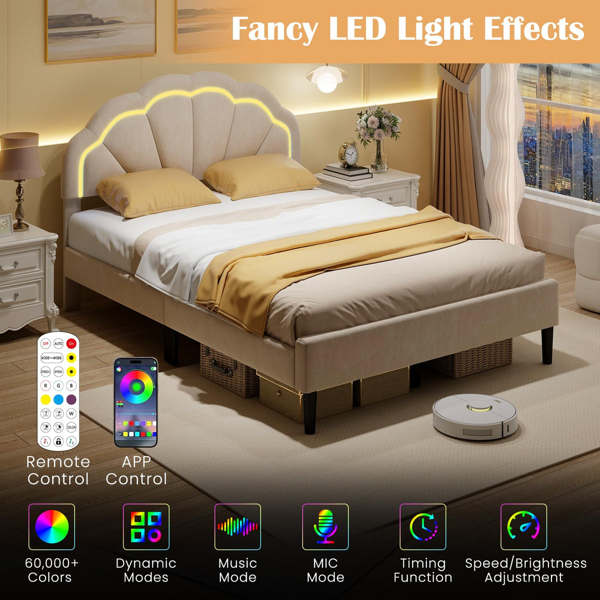 Goflame Full Size LED Bed Frame, Velvet Upholstered Full Platform Bed with Adjustable Cloud Headboard