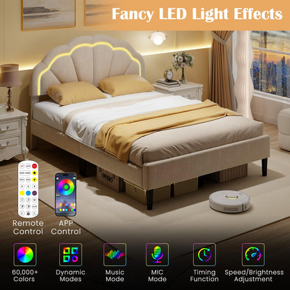 Goflame Full Size LED Bed Frame, Velvet Upholstered Full Platform Bed with Adjustable Cloud Headboard