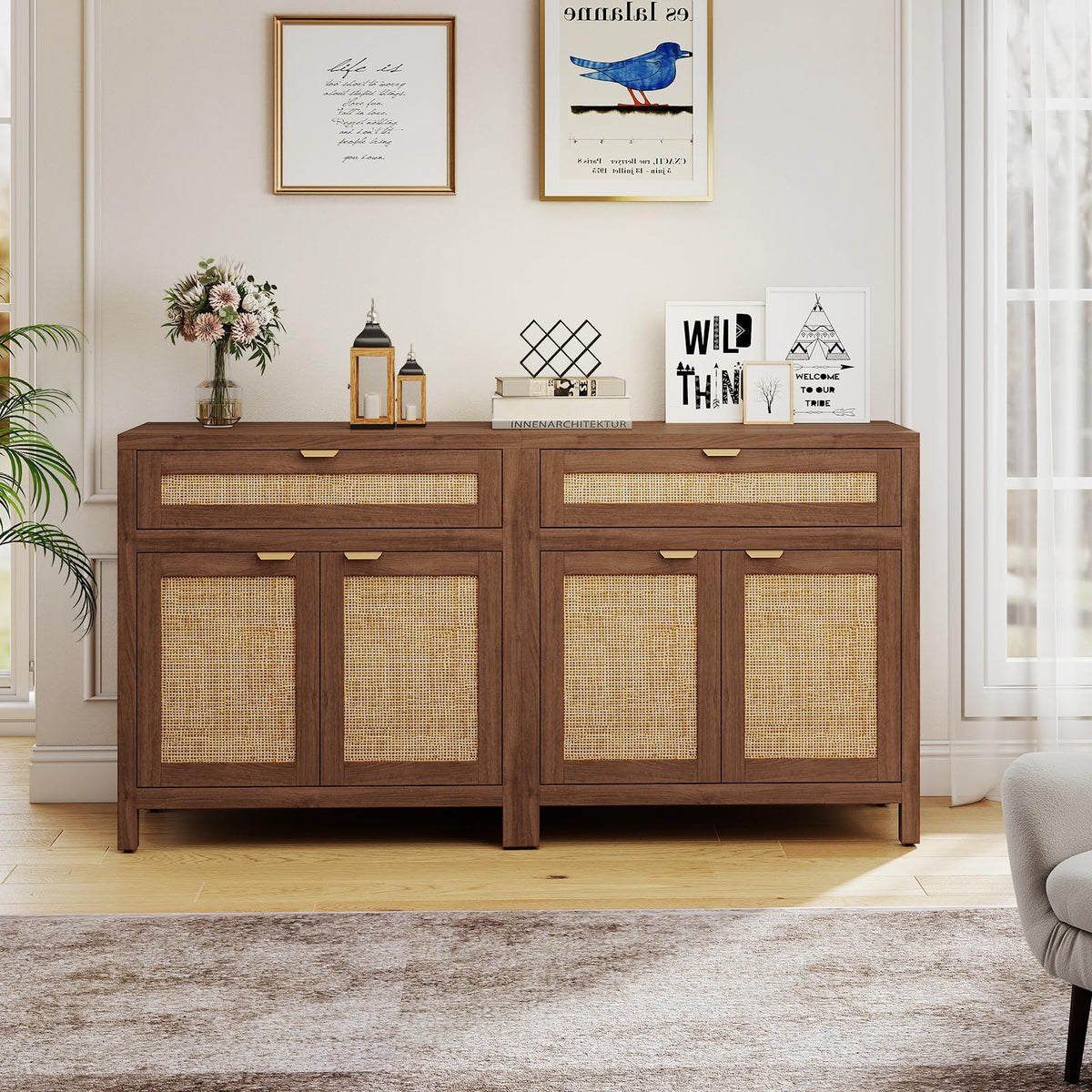 Goflame Sideboard Buffet Cabinet Rustic Rattan Storage Cabinet w/ 2 Doors