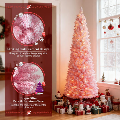 Goflame 6ft / 7ft Pink Slim Pencil Christmas Tree | Pre-lit Snow Flocked Artificial Skinny Xmas Tree