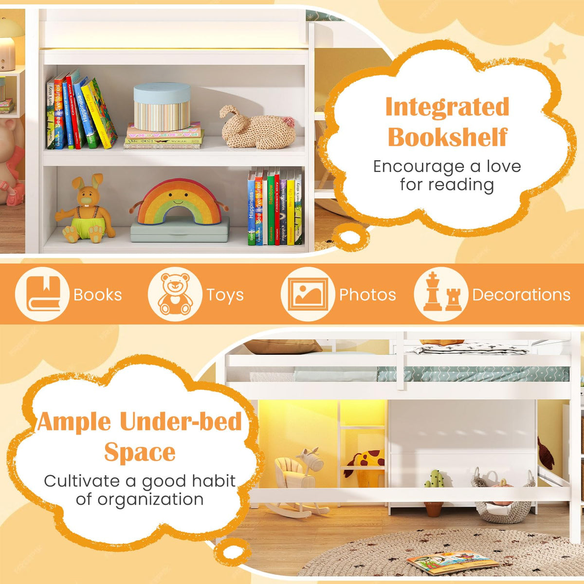 Goflame Twin Size Loft Bed with LED Lights Roof Window and Storage Bookshelf