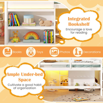 Goflame Twin Size Loft Bed with LED Lights Roof Window and Storage Bookshelf