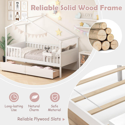 Goflame Twin House Bed with Drawers, Wooden Twin Bed Frame with Cube Storage & Fence Rails
