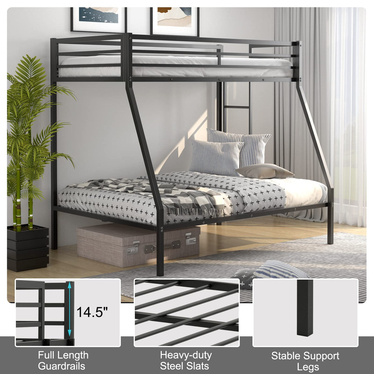 Goflame Metal Bunk Bed, Twin Over Full Size Bed w/ Removable Ladder & Steel Slats Support