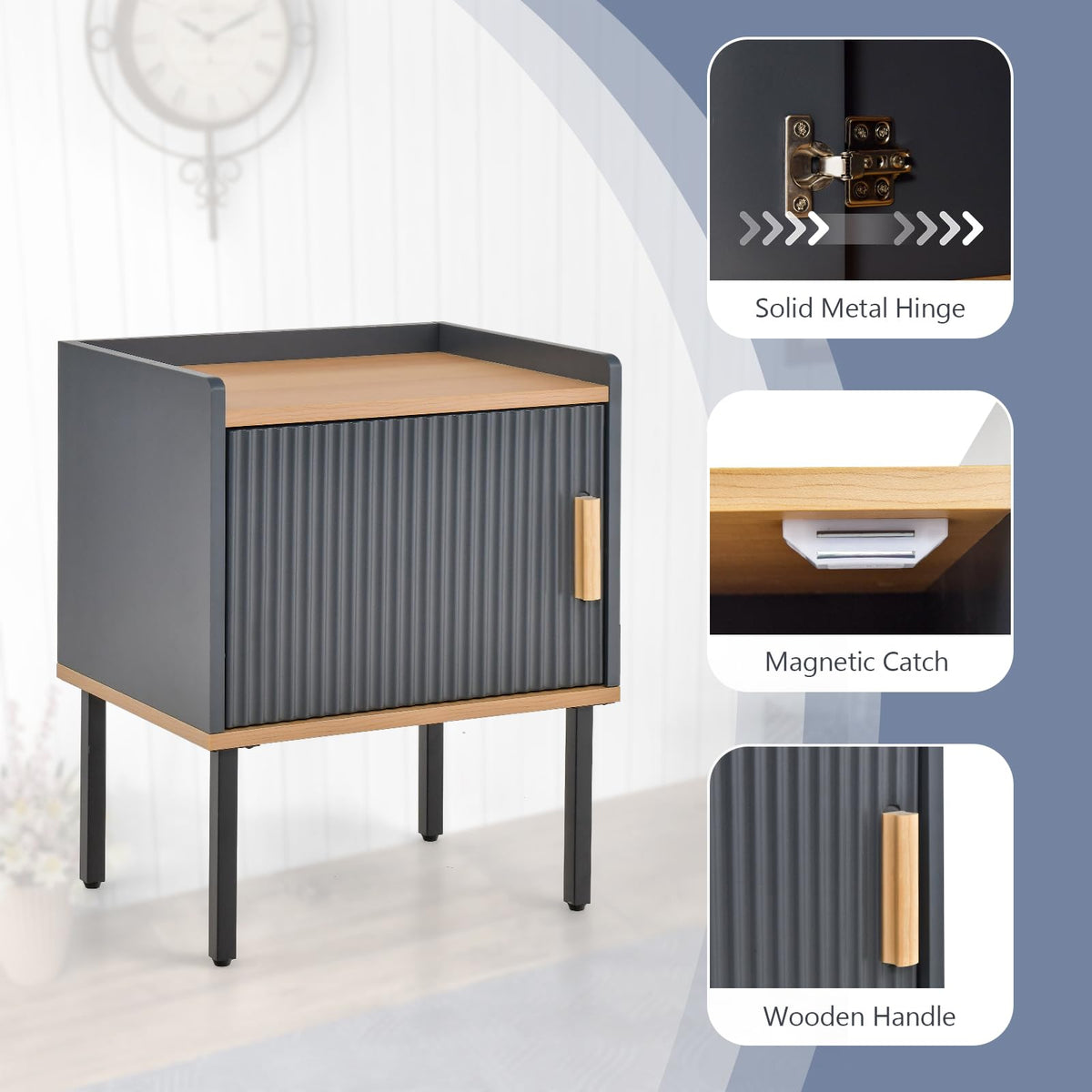 Goflame Nightstand with Storage, Bedside Table with Single Door Cabinet, Small Space, Gray
