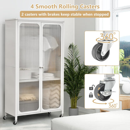 Portable Closet with Rollers, Mobile Metal Armoire Closet with Hanging Rod