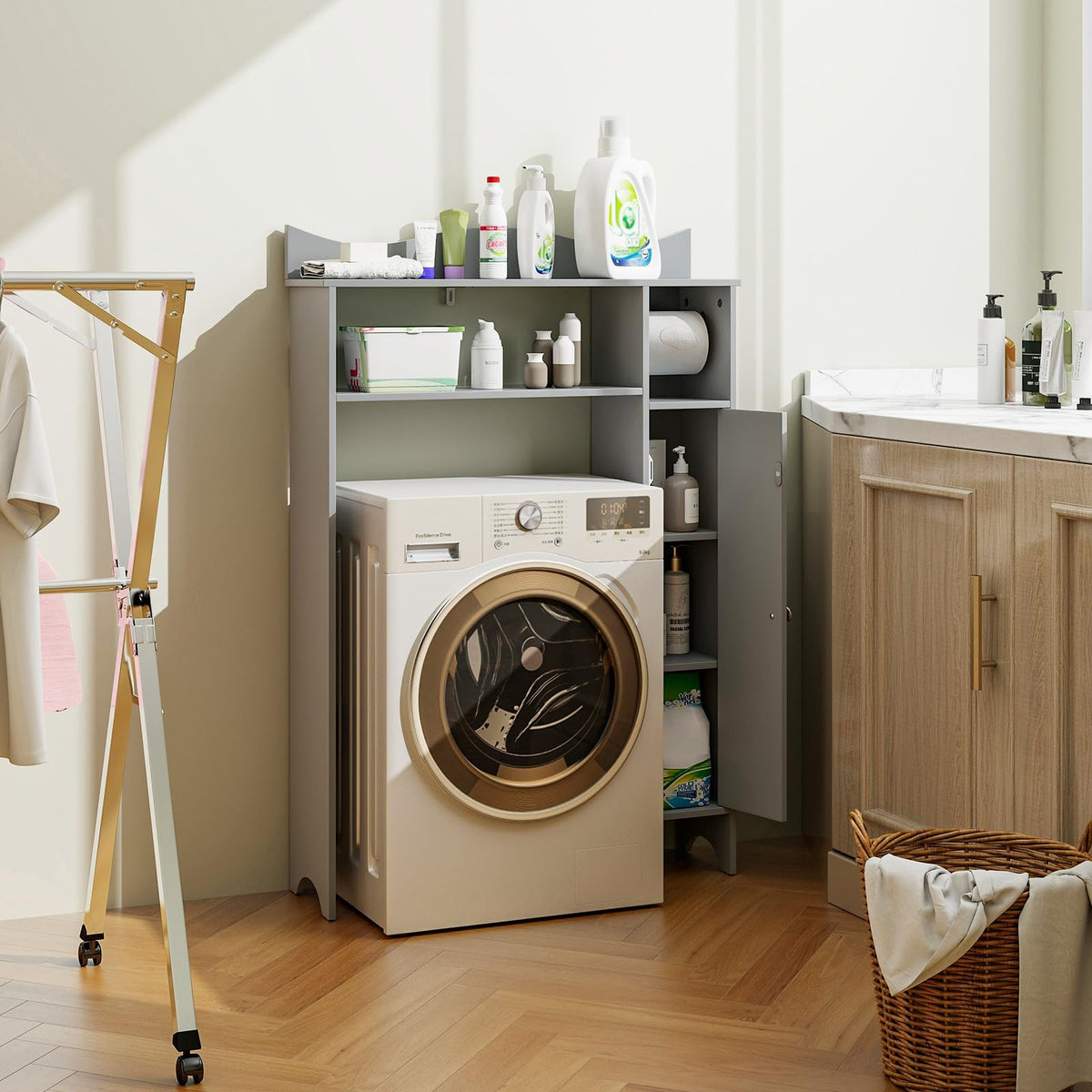 Goflame Over-The-Toilet Storage Cabinet, Bathroom Freestanding Space Saver with 1-Door Side Storage Cabinet & Paper Holder