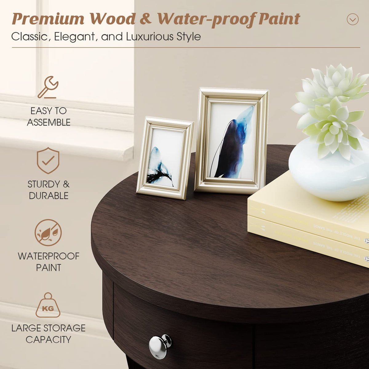 Goflame Round End Table with Drawer, 2-Tier Wood Side Table w/Open Shelf