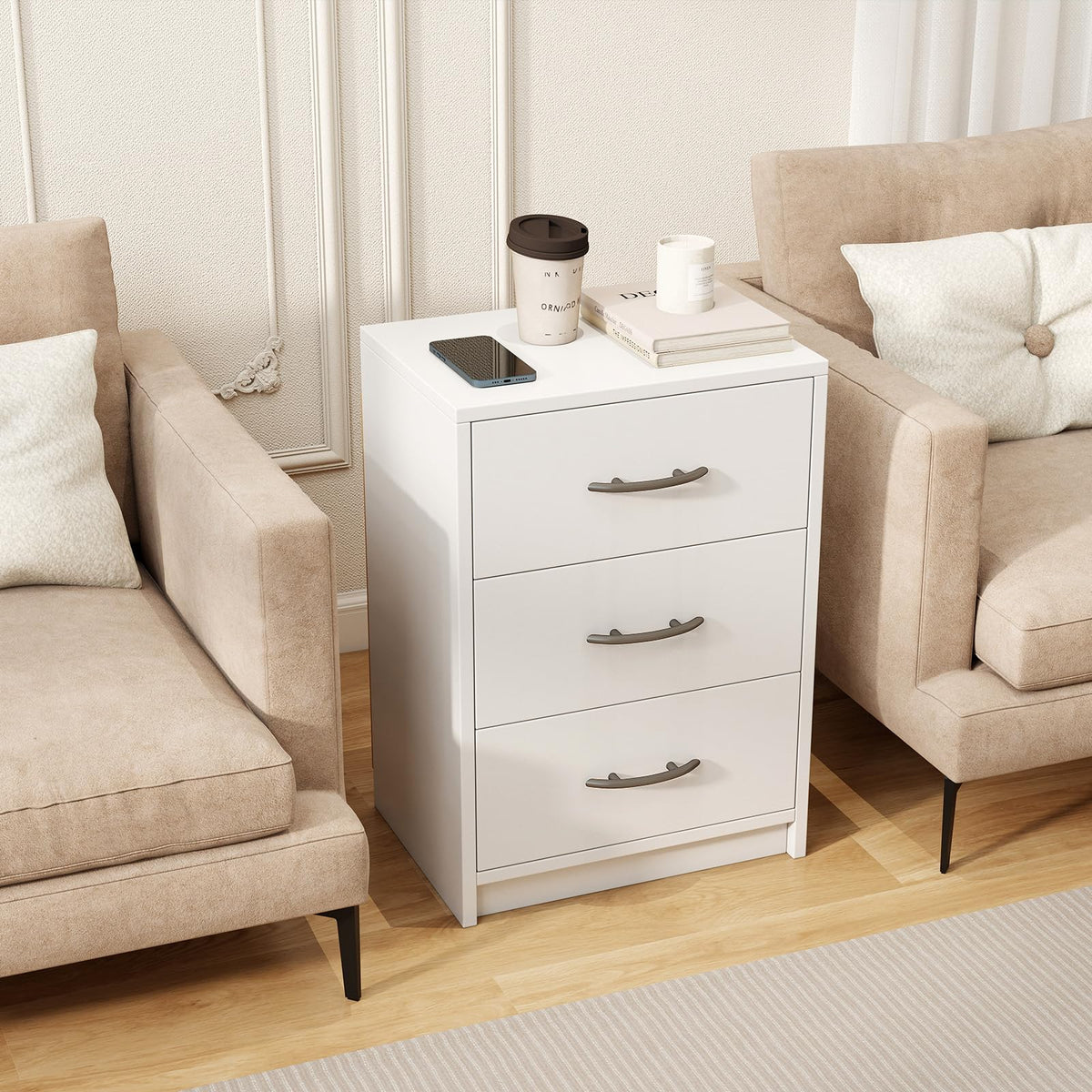 Goflame Nightstand with 3 Drawers, Modern Night Stand with Storage Drawers, White