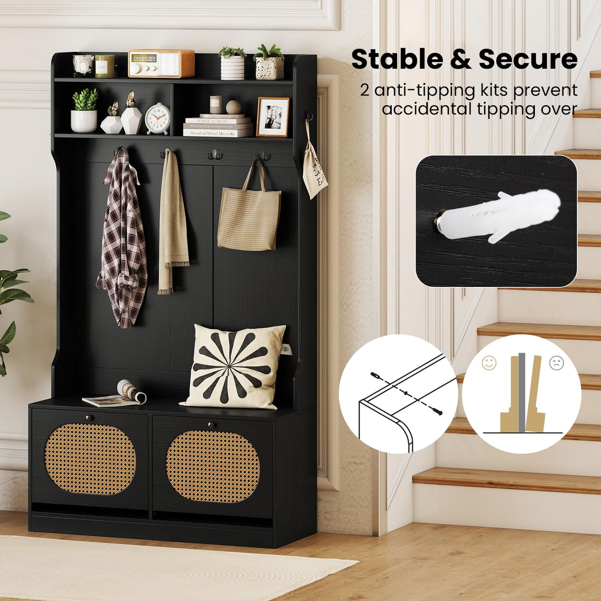 Goflame 4-In-1 Hall Tree Entryway Bench with Coat Rack & Flip Drawers