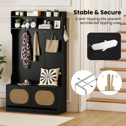 Goflame 4-In-1 Hall Tree Entryway Bench with Coat Rack & Flip Drawers