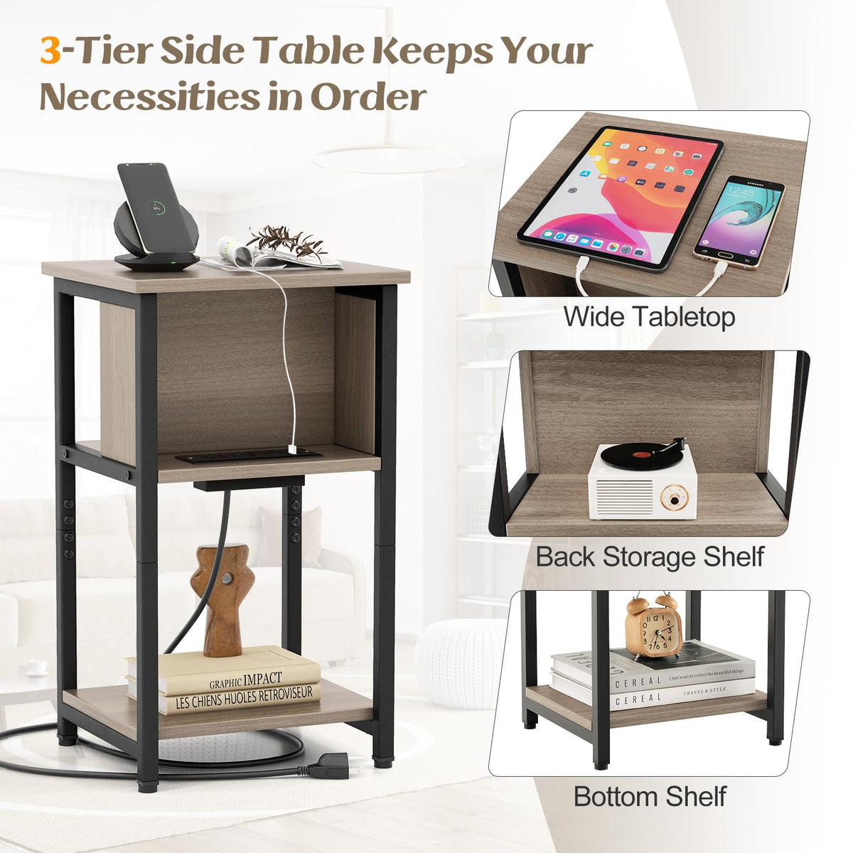 Goflame Nightstand with Charging Station, 3-Tier End Table with USB Ports & Power Outlets