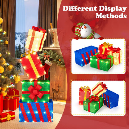 Goflame Christmas Lighted Gift Boxes Set of 4 | Light Up Present Boxes with Colorful Bows