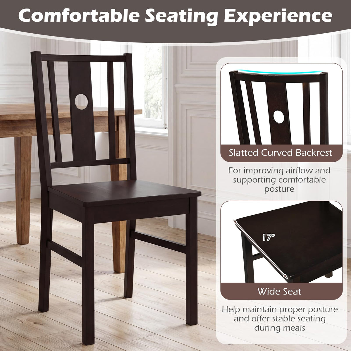 Goflame Solid Rubber Wood Kitchen Chairs with Slatted Curved Backrest & Wide Seat (2/4)