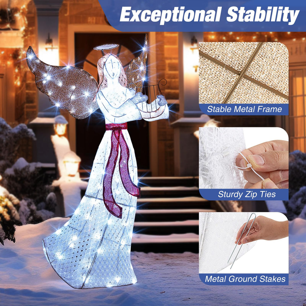 Goflame 5 FT Christmas Lighted Angel, Pre-Lit Winged Holiday Figure Angel with 120 Cold White LED Lights