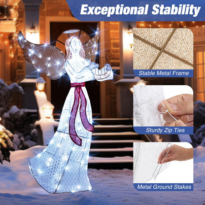 Goflame 5 FT Christmas Lighted Angel, Pre-Lit Winged Holiday Figure Angel with 120 Cold White LED Lights