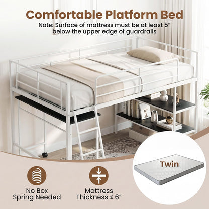 Goflame Low Loft Twin Size Bed with Desk & Bookshelf