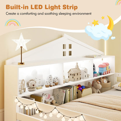 Goflame Montessori Floor Bed with LED Lights 2-in-1 Wooden House Bed Frame with Safety Guardrails