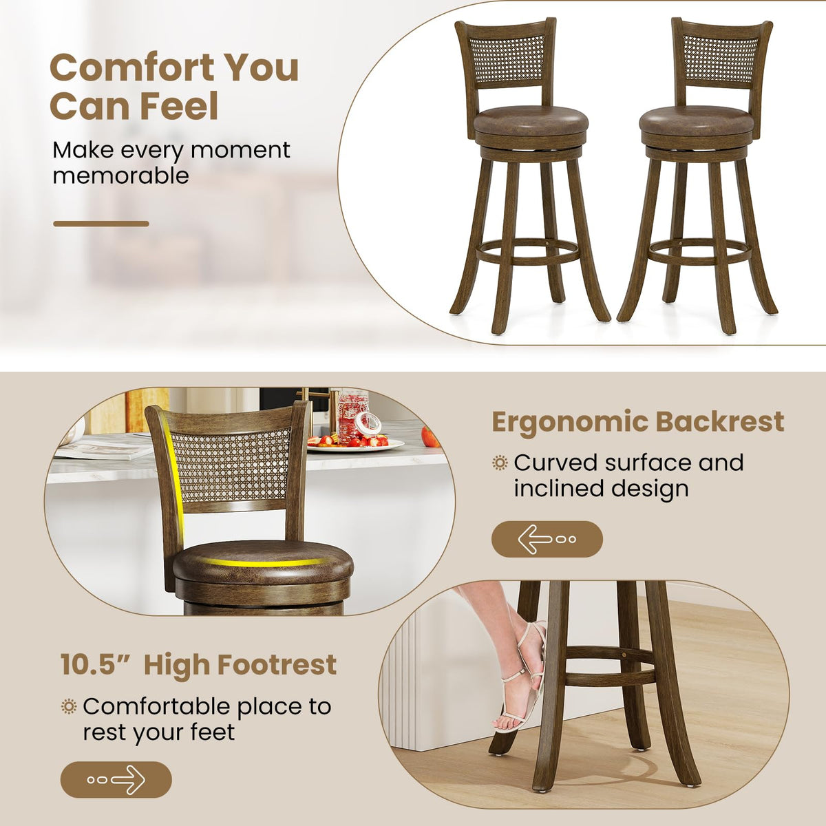 Goflame 30" Bar Height Bar Chairs with PE Rattan Backrest Upholstered Leathaire Barstools