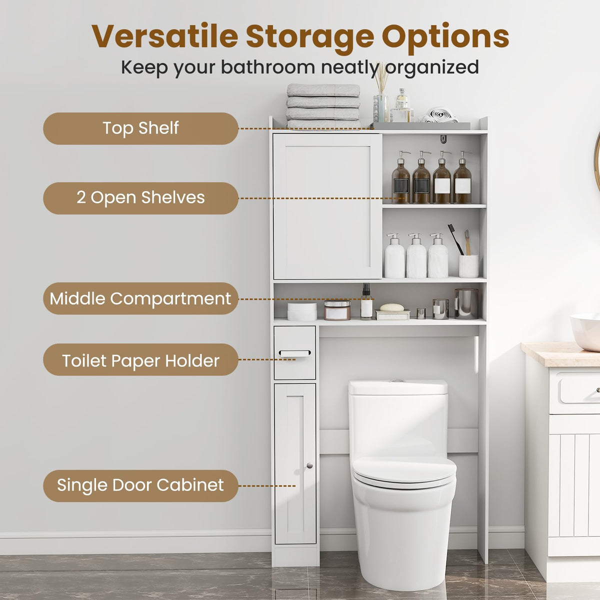 Goflame Over The Toilet Storage Cabinet Standing Toilet Rack with Sliding Door