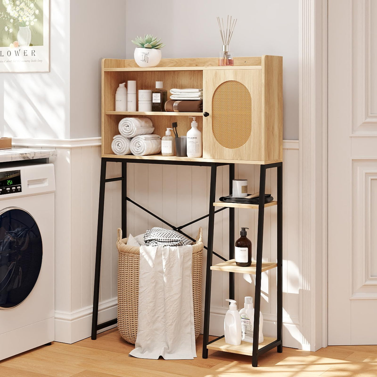 Goflame Over The Toilet Storage Cabinet, Freestanding Storage Organizer Above Toilet with PE Rattan Door and Adjustable Shelf