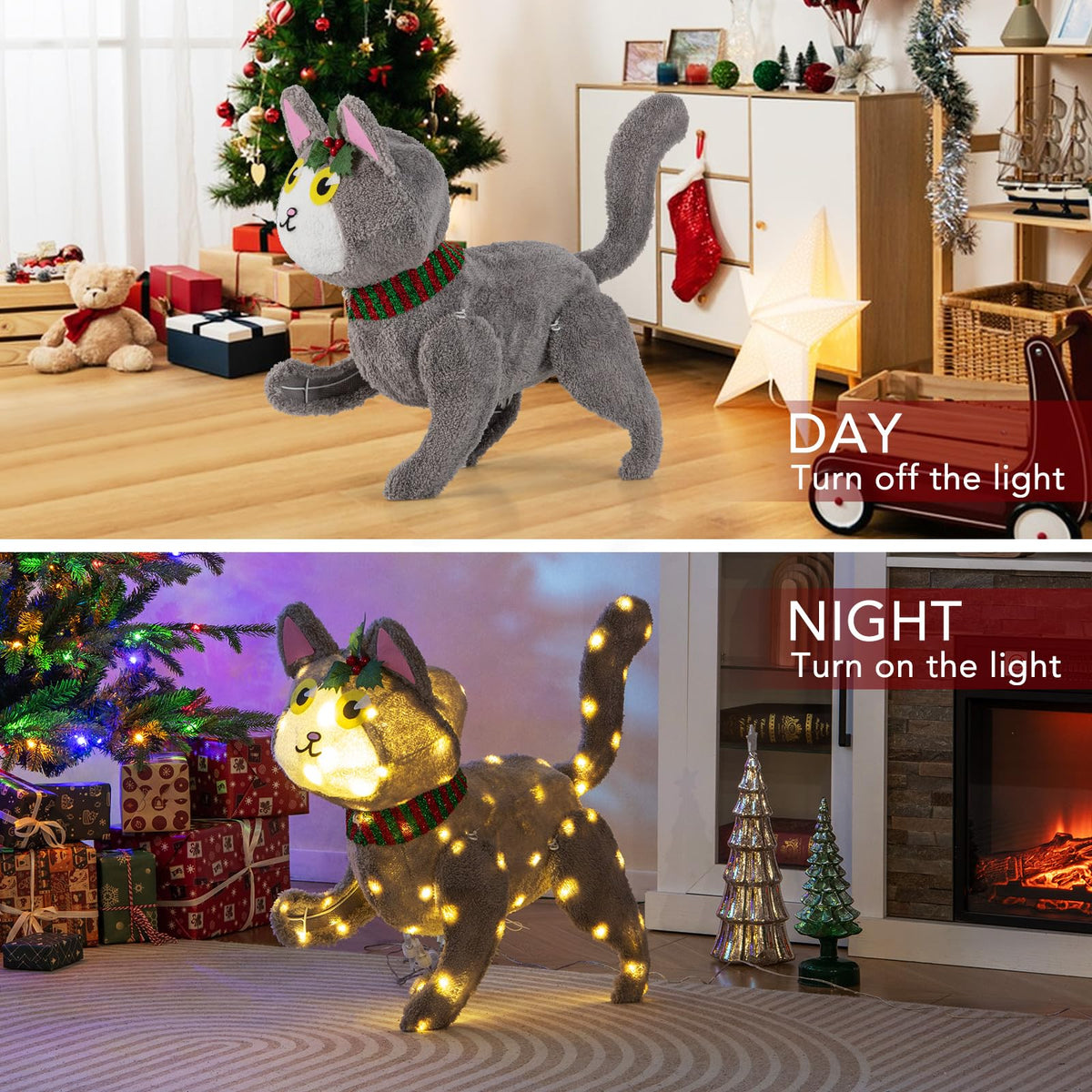 Goflame Lighted Christmas Cat, Indoor Outdoor Kitty Decoration w/ 88 LED Lights